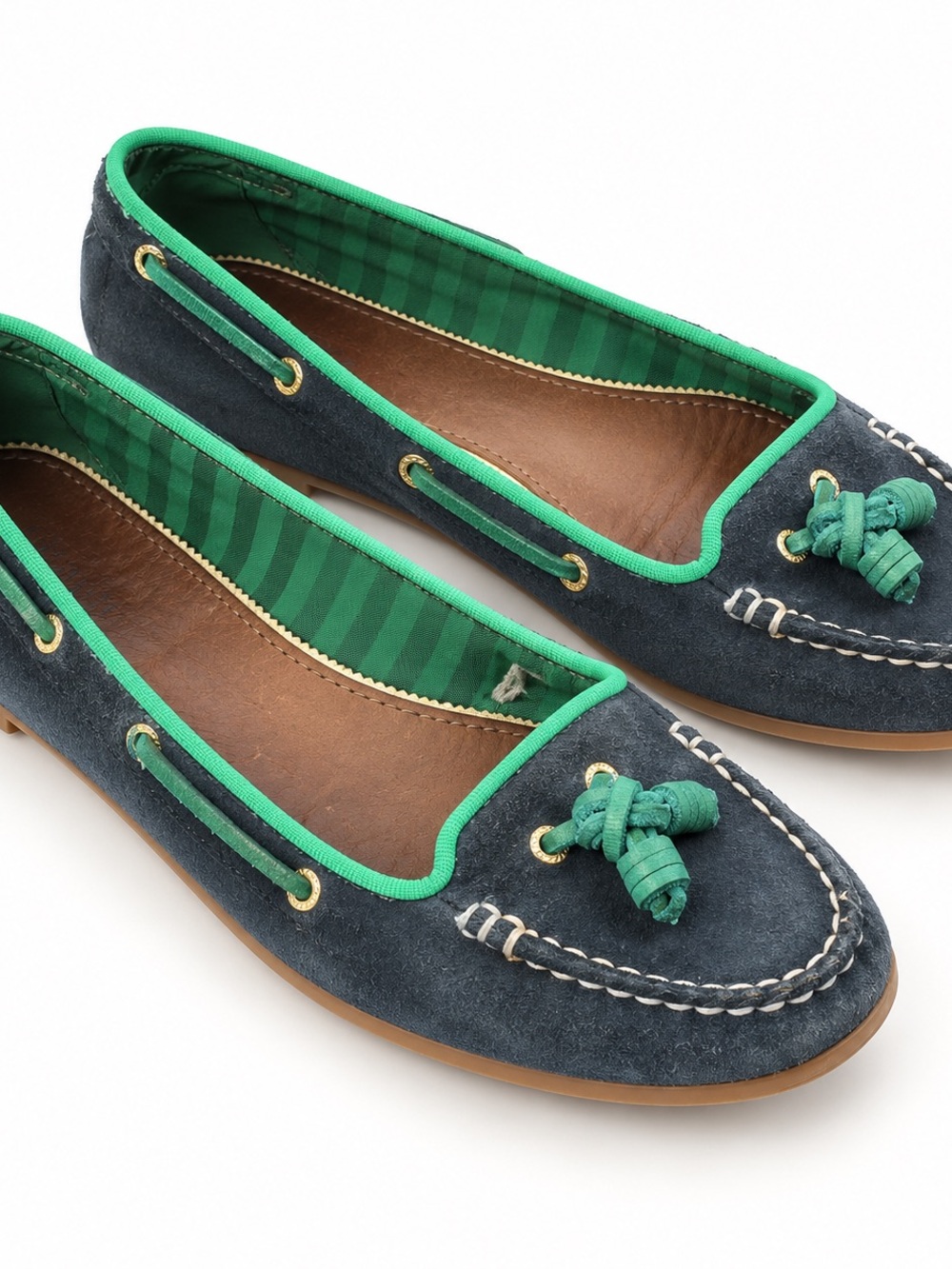 Sperry Women’s Size 7 Navy Suede Green Trim Tassel Boat Shoe Loafers Preppy